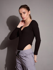 Women Black Rib Sweetheart Neck Bodysuit-SFTOPS42065