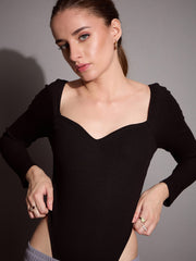 Women Black Rib Sweetheart Neck Bodysuit-SFTOPS42065