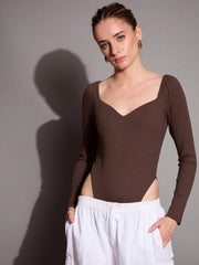 Women Brown Rib Sweetheart Neck Bodysuit-SFTOPS42066