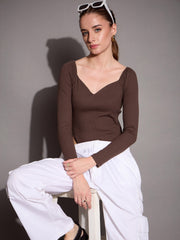 Women Brown Rib Sweetheart Neck Bodysuit-SFTOPS42066