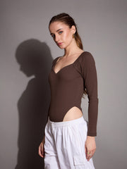 Women Brown Rib Sweetheart Neck Bodysuit-SFTOPS42066