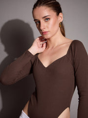 Women Brown Rib Sweetheart Neck Bodysuit-SFTOPS42066