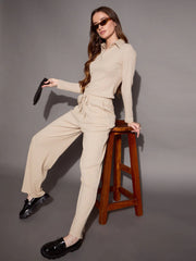 Women Beige Rib Polo Neck Top With Drawstring Pants-SFTOPS42068_SFPANT50884