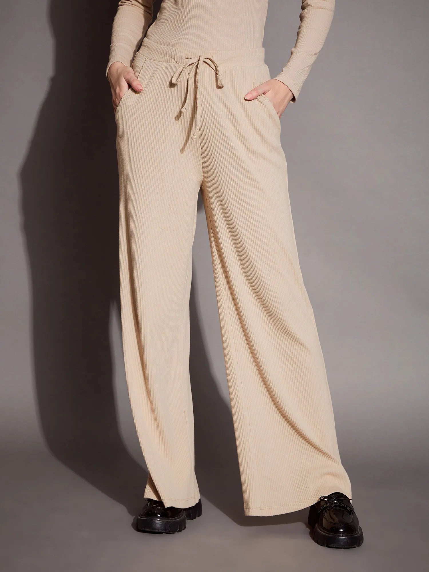 Beige Ribbed Polo Top & Drawstring Pants Set - Co Ord Sets