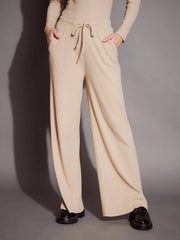 Women Beige Rib Polo Neck Top With Drawstring Pants-SFTOPS42068_SFPANT50884