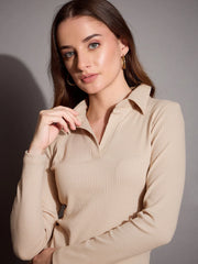 Women Beige Rib Polo Neck Top With Drawstring Pants-SFTOPS42068_SFPANT50884