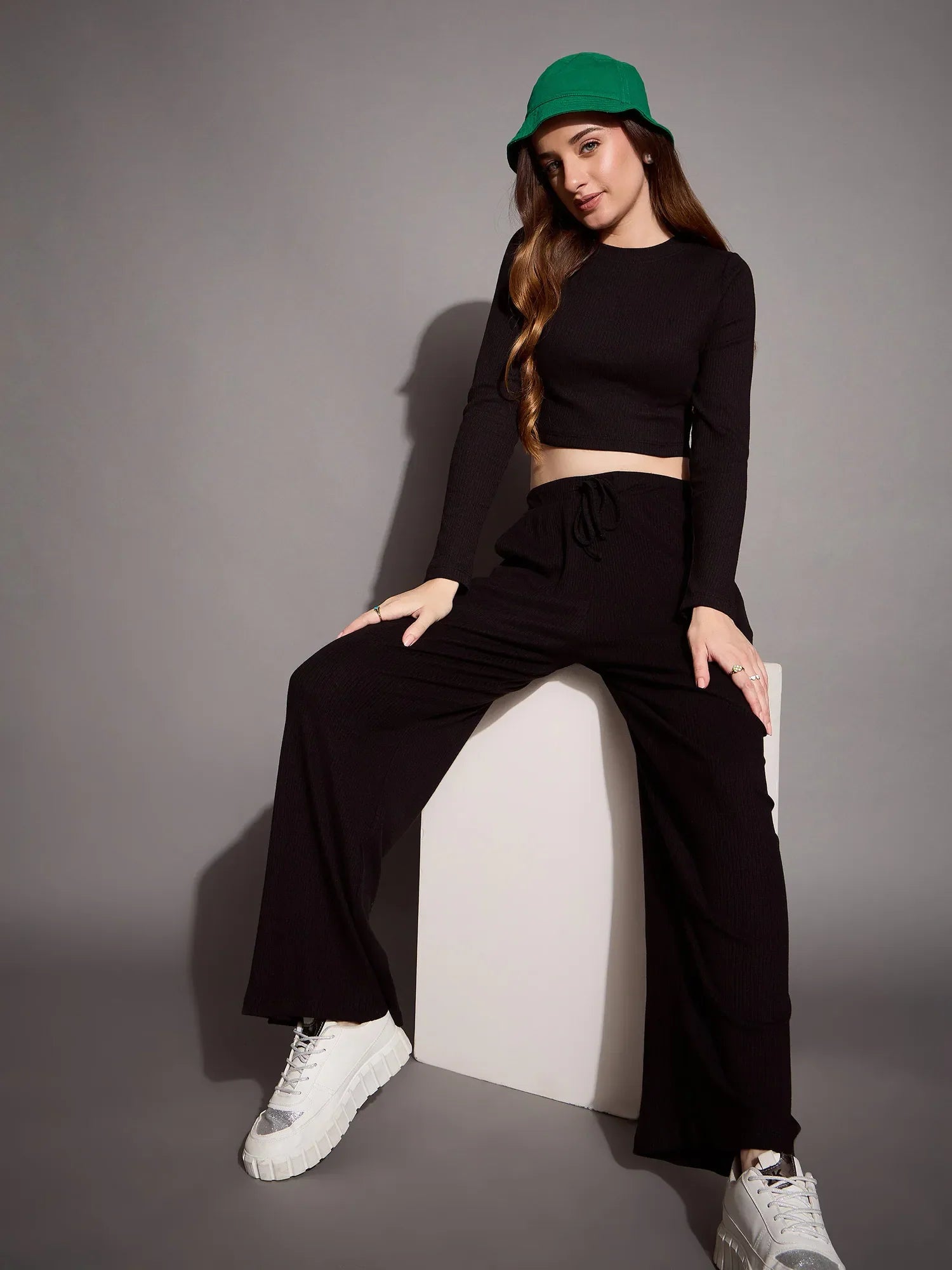 Black Ribbed Crop Top Set | Women's Two Piece Sets