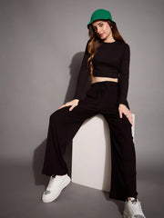 Women Black Rib Full Sleeve Crop Top With Drawstring Pants-SFTOPS42071_SFPANT50883