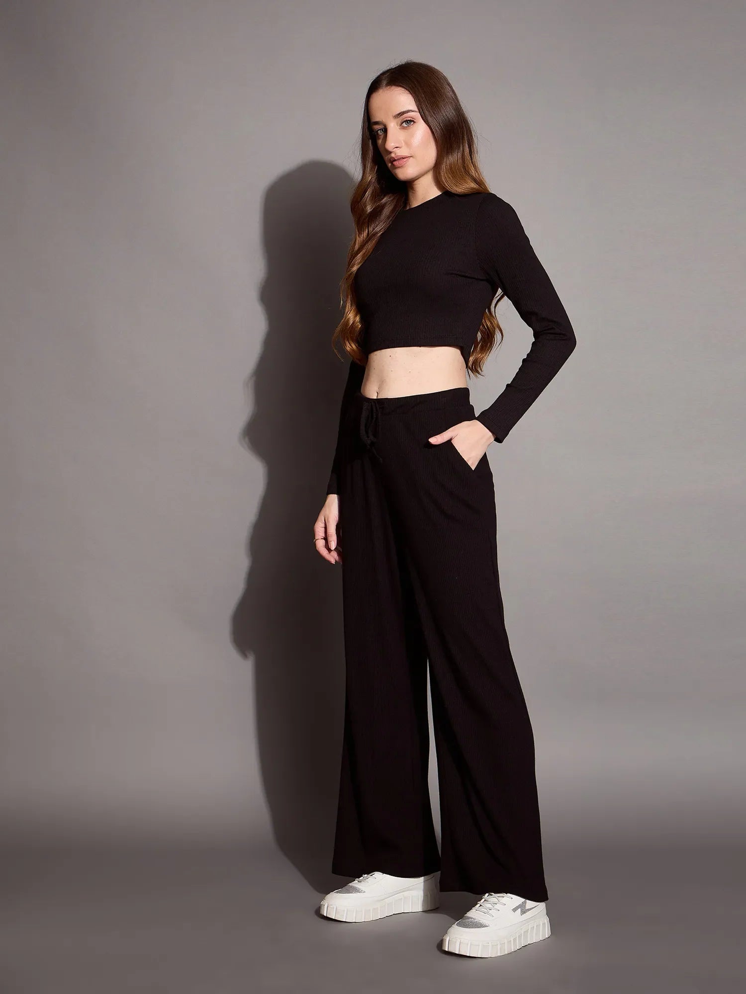 Black Ribbed Crop Top Set | Women's Two Piece Sets