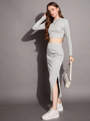 Women Grey Melange Full Sleeve Crop Top With Pencil Skirt-SFTOPS42072_SFSKRT30461