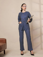 Women Navy Striped Round Neck Full Sleeve Top With Straigh Trousers-SFTOPS42077_SFPANT50901
