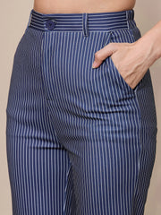 Women Navy Striped Round Neck Full Sleeve Top With Straigh Trousers-SFTOPS42077_SFPANT50901
