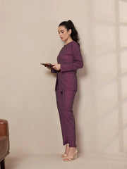 Women Maroon Striped Round Neck Full Sleeve Top With Straigh Trousers-SFTOPS42078_SFPANT50902