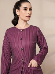 Women Maroon Striped Round Neck Full Sleeve Top With Straigh Trousers-SFTOPS42078_SFPANT50902