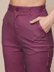 Women Maroon Striped Round Neck Full Sleeve Top With Straigh Trousers-SFTOPS42078_SFPANT50902