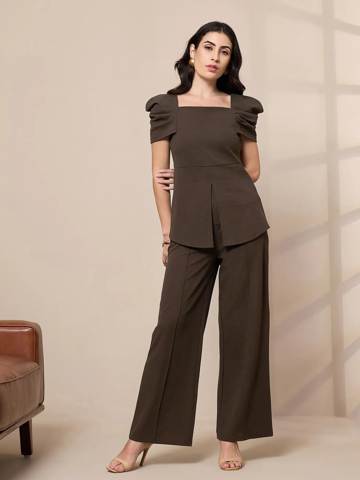 Brown Peplum Top & Elastic Pants Set | Women's Co Ord Sets