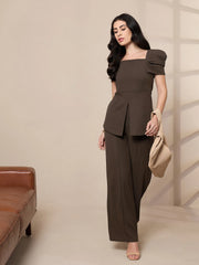 Women Brown Square Neck Peplum Top With Front Darted Elasticated Pants-SFTOPS42080_SFPANT50907