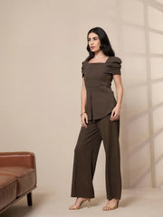Women Brown Square Neck Peplum Top With Front Darted Elasticated Pants-SFTOPS42080_SFPANT50907