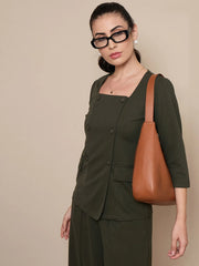 Women Olive Square Neck Top With Wide Leg Pants-SFTOPS42082_SFPANT50909