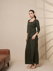 Women Olive Square Neck Top With Wide Leg Pants-SFTOPS42082_SFPANT50909