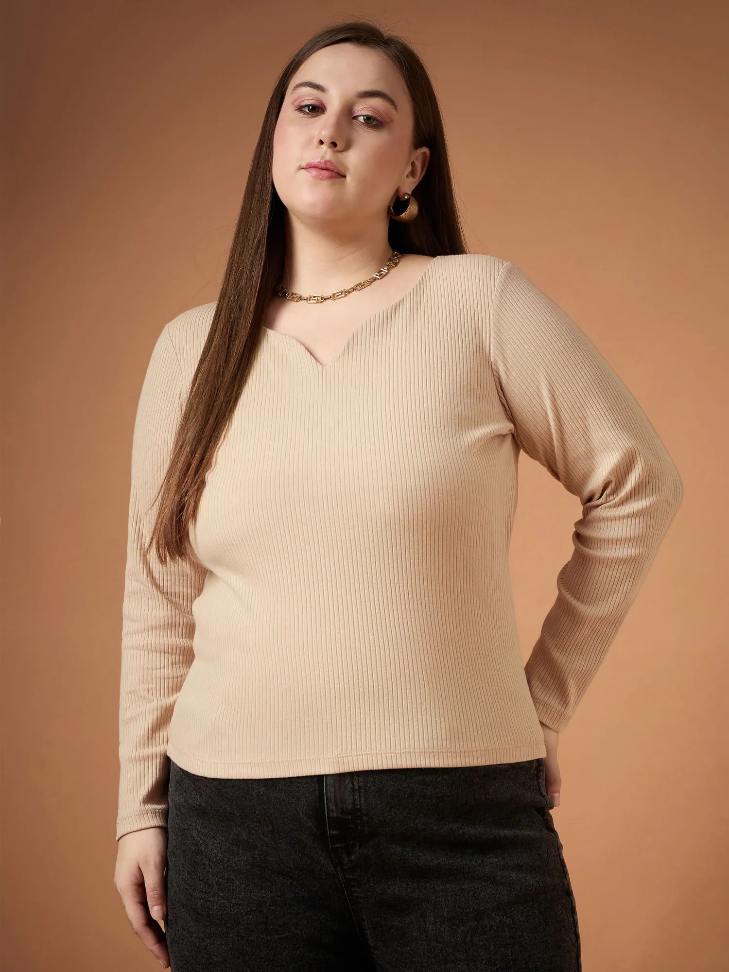 Beige Ribbed Full Sleeve Top | Women's Western Wear