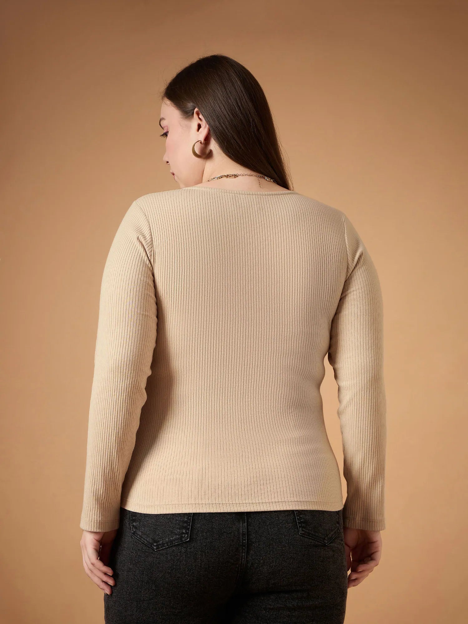 Beige Ribbed Full Sleeve Top | Women's Western Wear