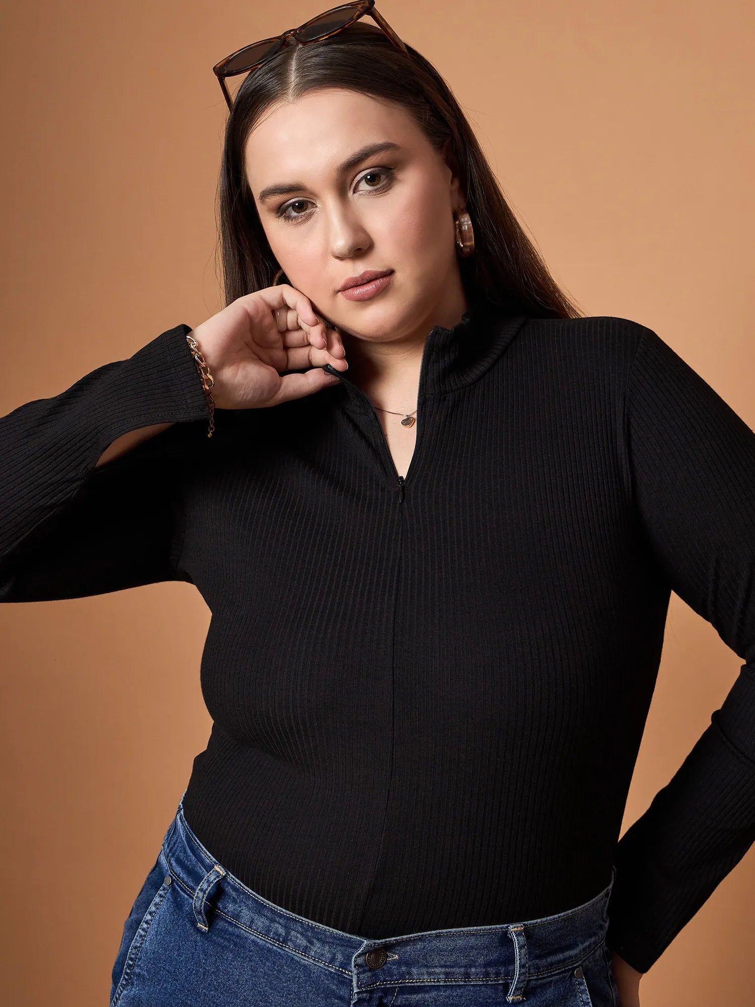 Black Ribbed Zipper Top - Women's Western Clothing, High Neck