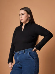 Women Black Rib Front Zipper High Neck Top-SFTOPS42086