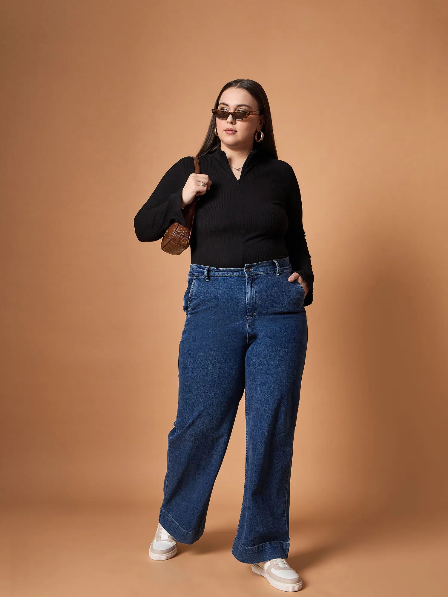 Black Ribbed Zipper Top - Women's Western Clothing, High Neck