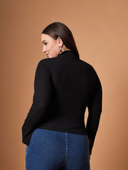 Women Black Rib Front Zipper High Neck Top-SFTOPS42086