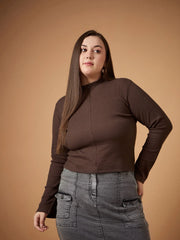 Women Brown Rib Front Zipper High Neck Top-SFTOPS42088