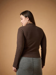 Women Brown Rib Front Zipper High Neck Top-SFTOPS42088