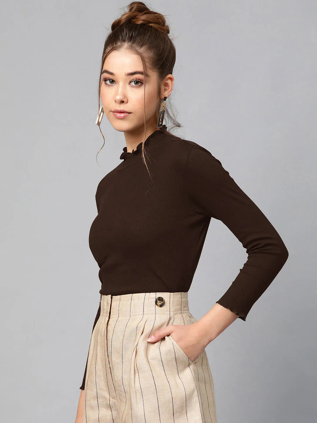 Dark Brown Ribbed High Neck Top | Women's Western Wear