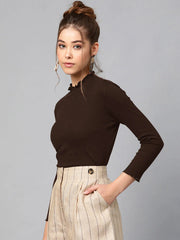 Women Dark Brown Rib High Neck Full Sleeve Top-SFTOPS42092