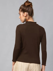 Women Dark Brown Rib High Neck Full Sleeve Top-SFTOPS42092