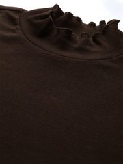 Women Dark Brown Rib High Neck Full Sleeve Top-SFTOPS42092