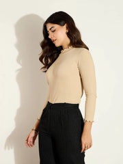 Women Beige Rib High Neck Full Sleeve Top-SFTOPS42093