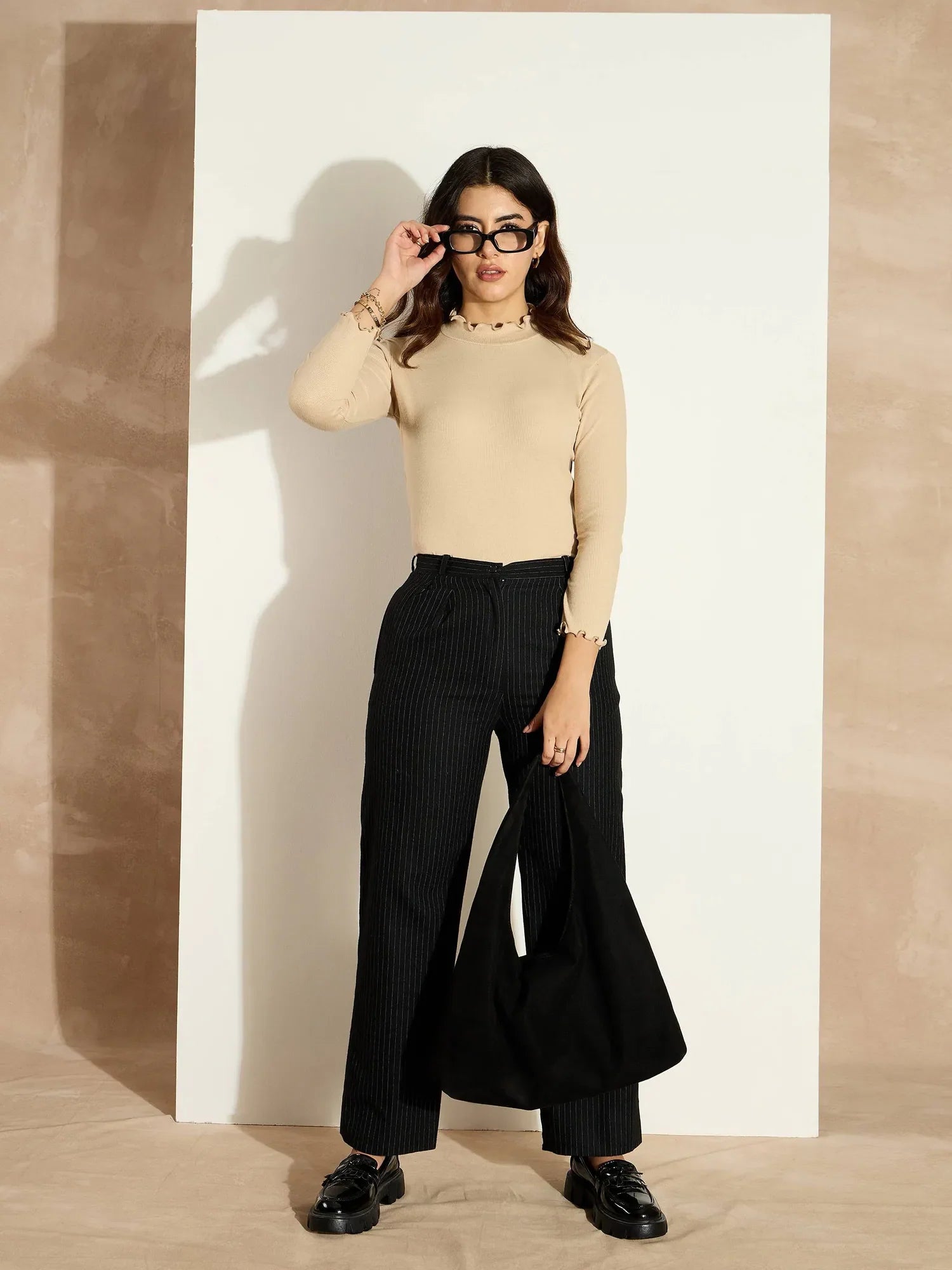 Beige Ribbed High Neck Top - Women's Western Wear