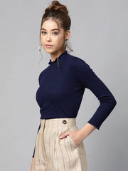 Women Navy Blue Rib High Neck Full Sleeve Top-SFTOPS42094