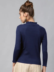 Women Navy Blue Rib High Neck Full Sleeve Top-SFTOPS42094