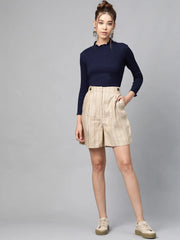 Women Navy Blue Rib High Neck Full Sleeve Top-SFTOPS42094