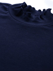 Women Navy Blue Rib High Neck Full Sleeve Top-SFTOPS42094