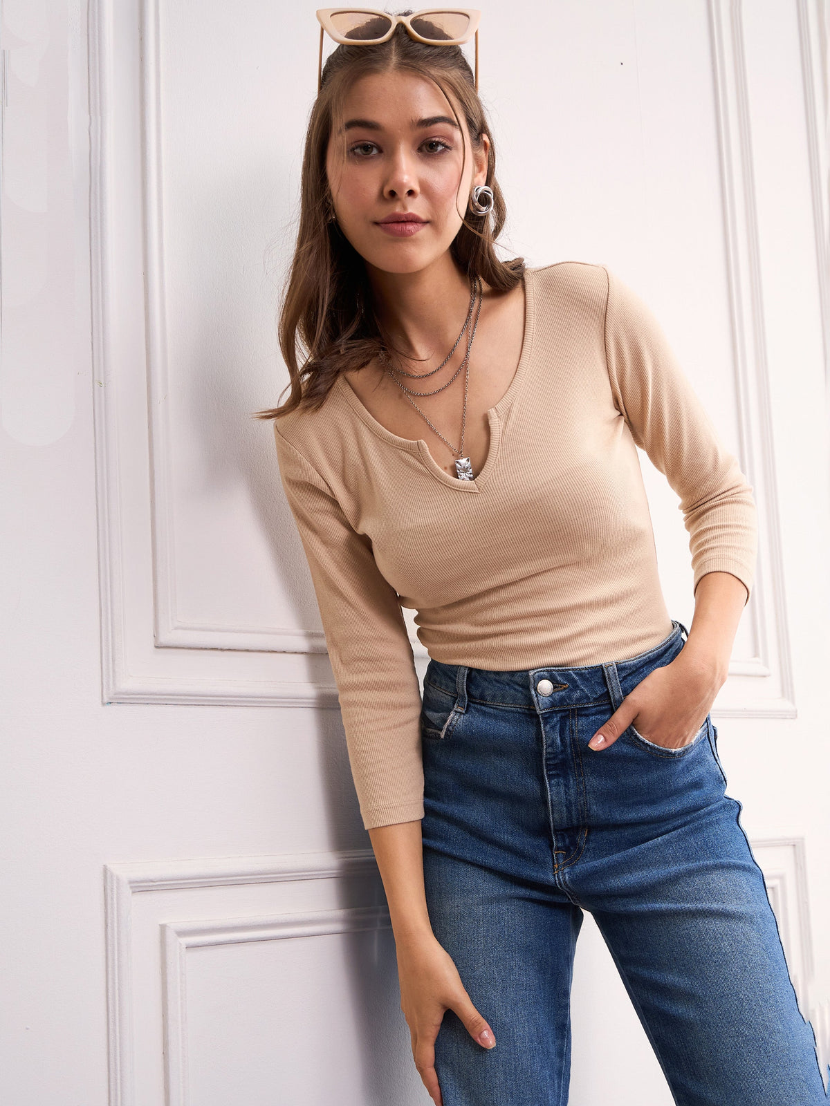 Women Beige Rib Drop V-Neck Top-SFTOPS42098