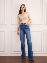 Women Beige Rib Drop V-Neck Top-SFTOPS42098