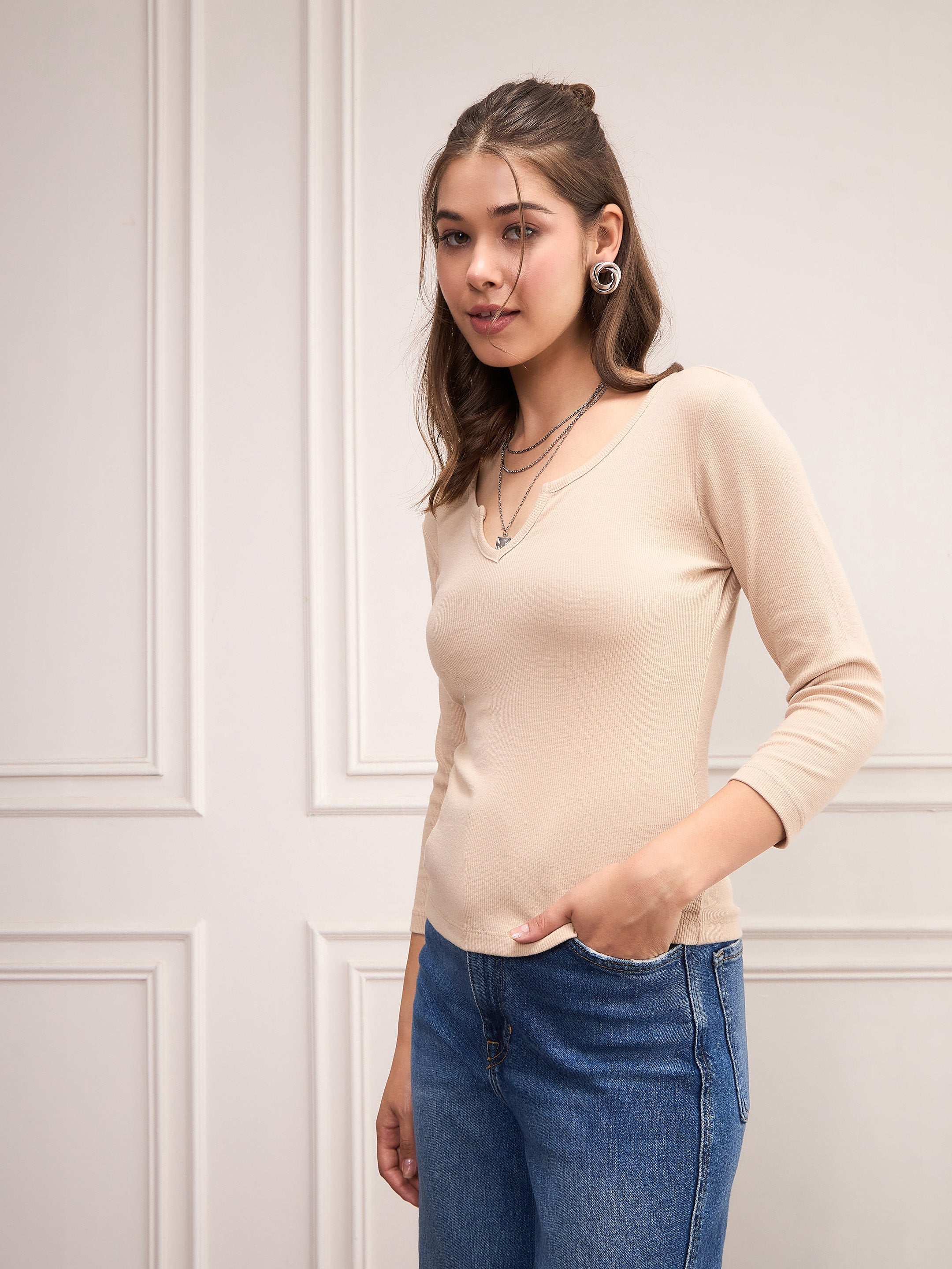 Women Beige Rib Drop V-Neck Top-SFTOPS42098