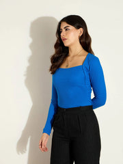 Women Royal Blue Rib Square Neck Full Sleeves Top-SFTOPS42100