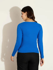 Women Royal Blue Rib Square Neck Full Sleeves Top-SFTOPS42100