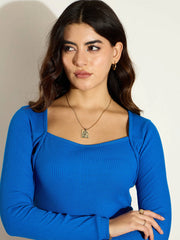 Women Royal Blue Rib Square Neck Full Sleeves Top-SFTOPS42100