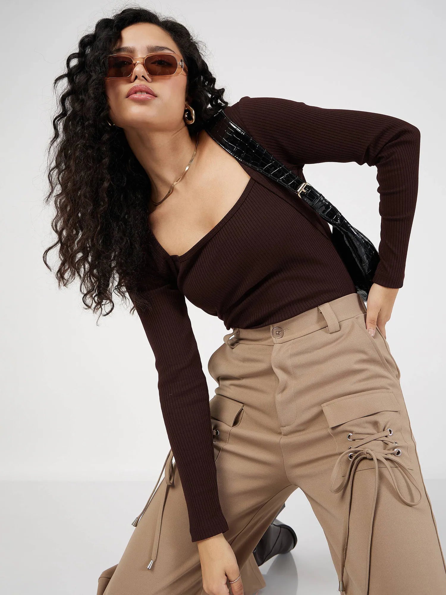 Women's Western Wear: Dark Brown Ribbed Square Neck Top