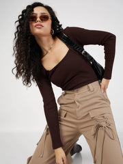 Women Dark Brown Rib Square Neck Full Sleeves Top-SFTOPS42101